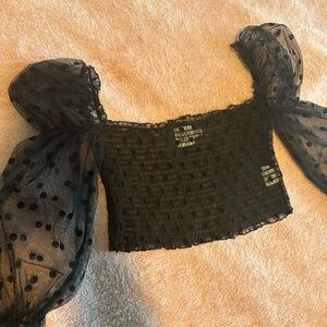 Princess Polly Black Sheer Polka Dot Puff Sleeve Crop Top